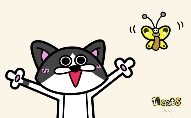 蝶を見て喜ぶ猫のイラスト（11Cats ジュンジ）