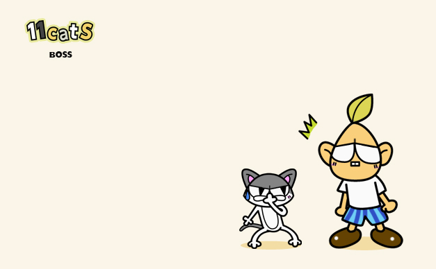 鼻をつまむ猫のイラストと人間(11Cats ボス&モーさん)
