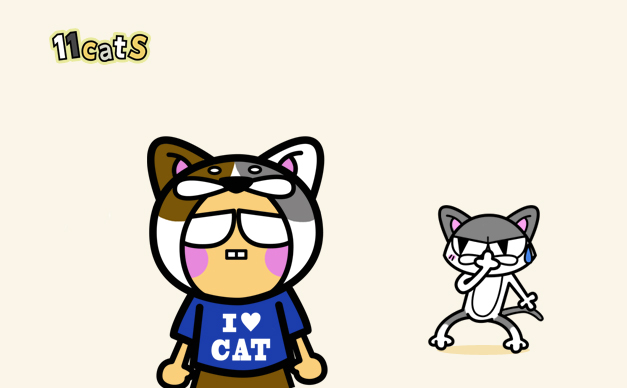 猫のかぶりものをした人のイラスト(11cats)
